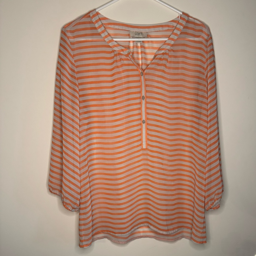 LOFT Orange/Peach Striped Women's Sheer Top Size M